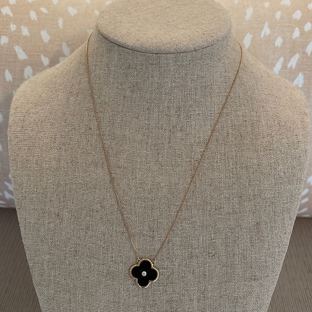 14k gold necklace black enamel with diamond. 18”